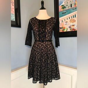Elegant Black Lace Over Nude Long Sleeve Dress Sz 6 EUC